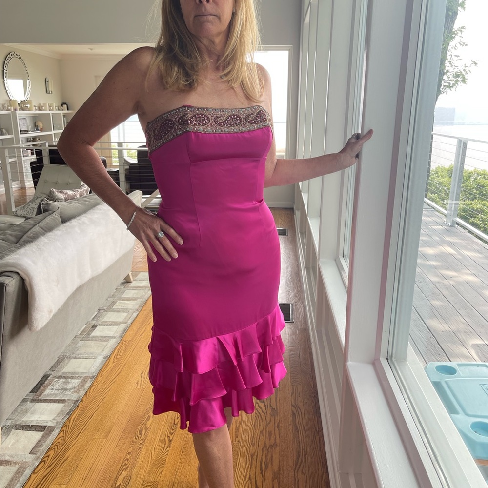 Strapless tie back dress, silk and beading..